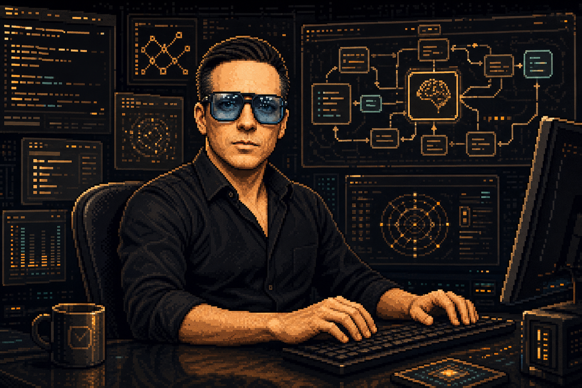Олег Бердов в пиксельной AI-agent обложке 16:9
