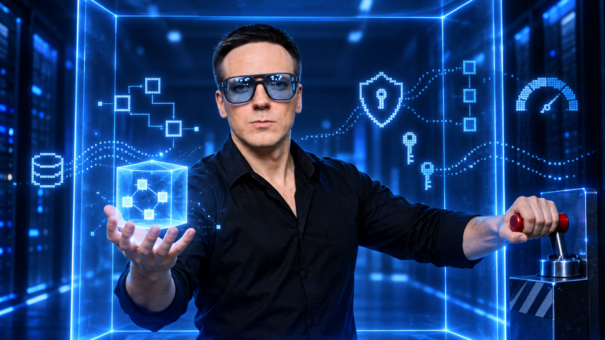 Олег управляет корпоративным AI runtime в синей неоновой среде