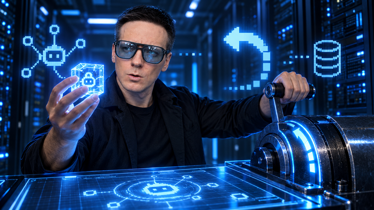 Олег у синей неоновой консоли восстановления AI-агента