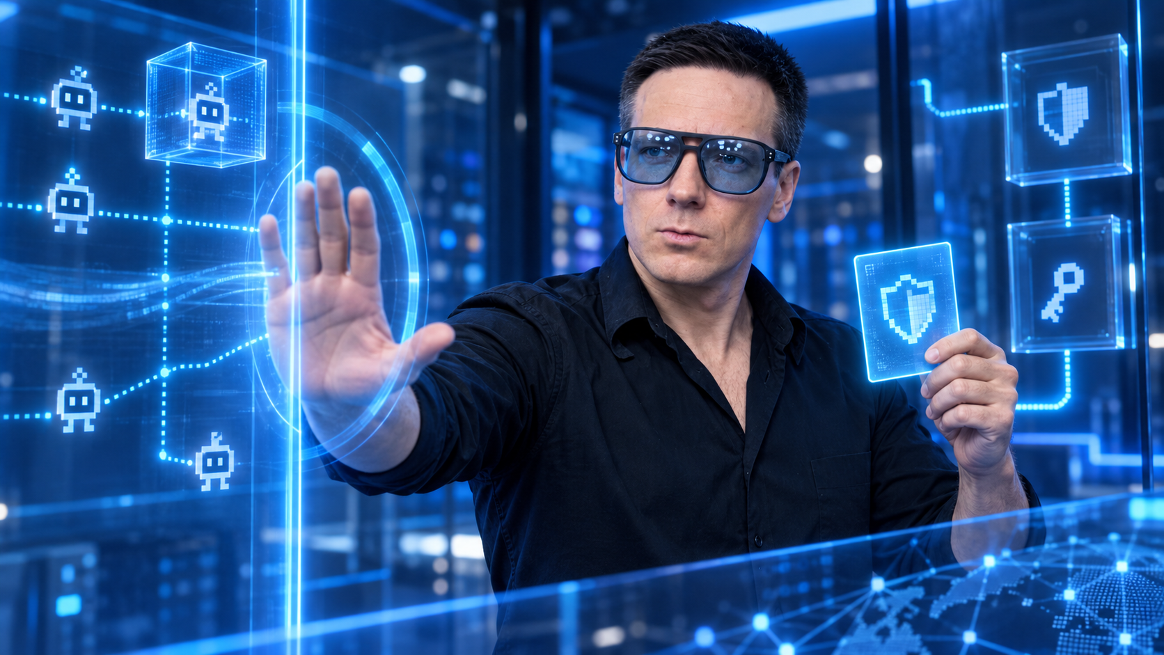 Олег в синем неоновом контуре безопасности AI-агентов