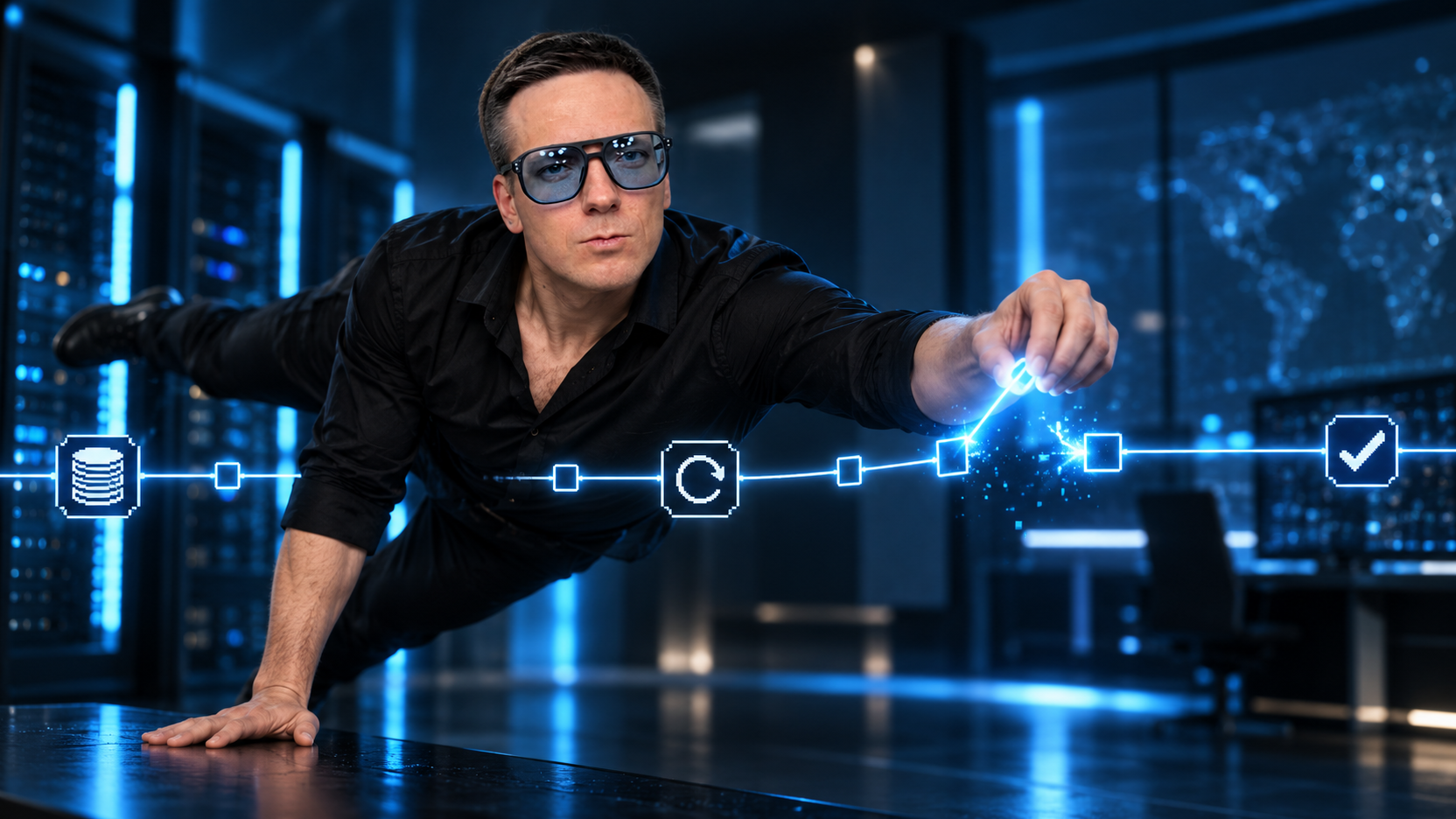 Олег соединяет устойчивый процесс AI-агента в неоновой серверной