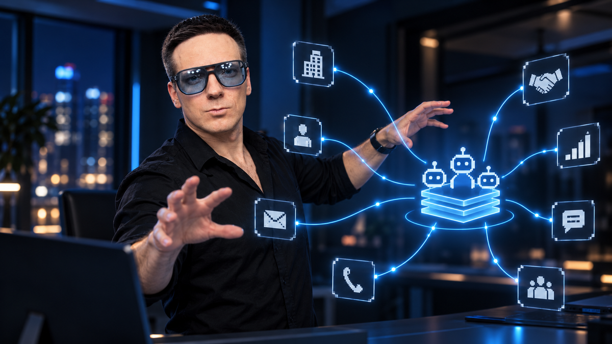Олег управляет цепочкой AI-агентов для B2B-продаж в неоновом офисе