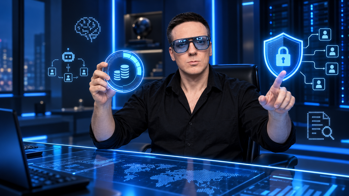 Олег в синей неоновой студии управляет бюджетом и доступами AI-агентов