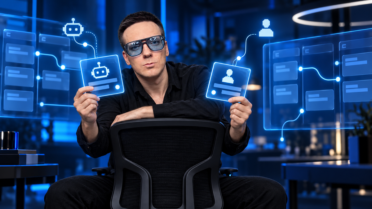 Олег в синем неоновом офисе держит карточки задач AI-агента
