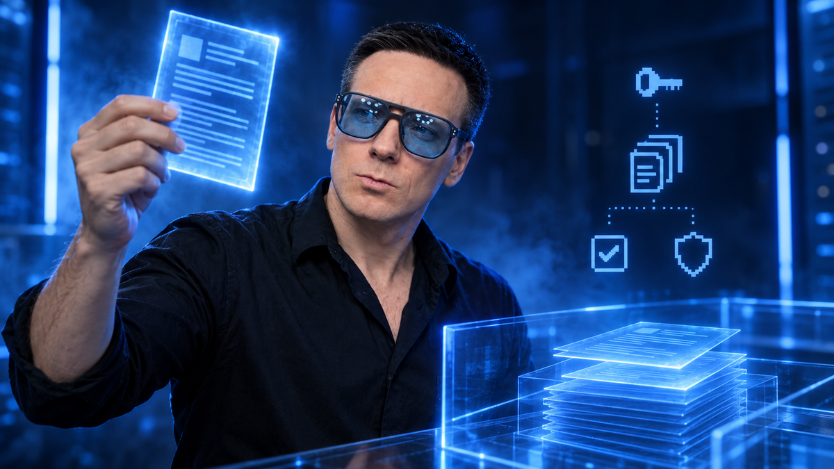 Олег проверяет фрагмент документации для AI-агента в синем неоновом интерфейсе