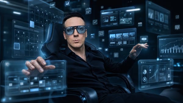 Автоматизация SMM: Олег управляет AI SMM офисом на синих голографических экранах