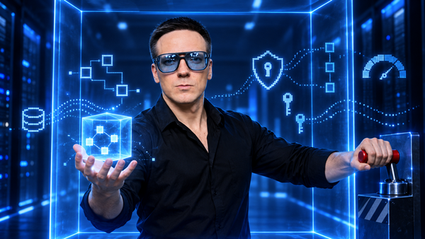 Олег управляет корпоративным AI runtime в синей неоновой среде