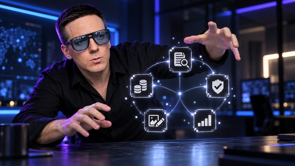 Олег координирует AI-агентов маркетинга в неоновой операционной среде