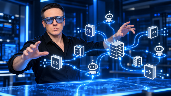 Олег управляет API и AI-агентами в синем неоновом контуре