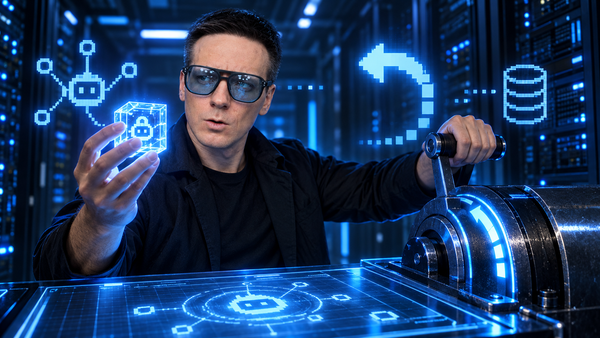 Олег у синей неоновой консоли восстановления AI-агента
