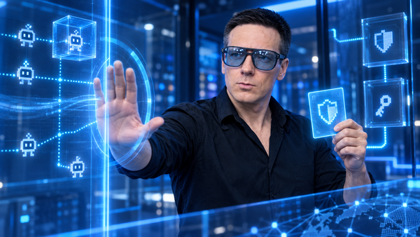 Олег в синем неоновом контуре безопасности AI-агентов