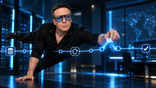 Олег соединяет устойчивый процесс AI-агента в неоновой серверной