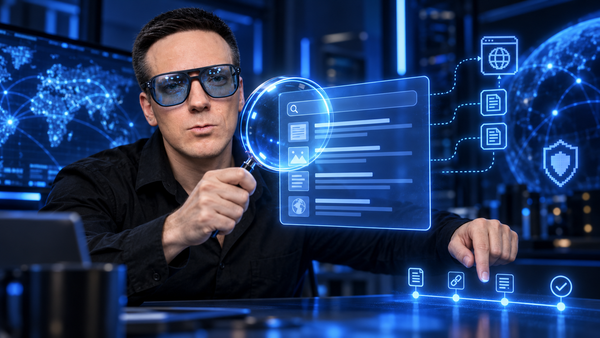 Олег с лупой проверяет источники для AI-агентов в синем неоновом контуре