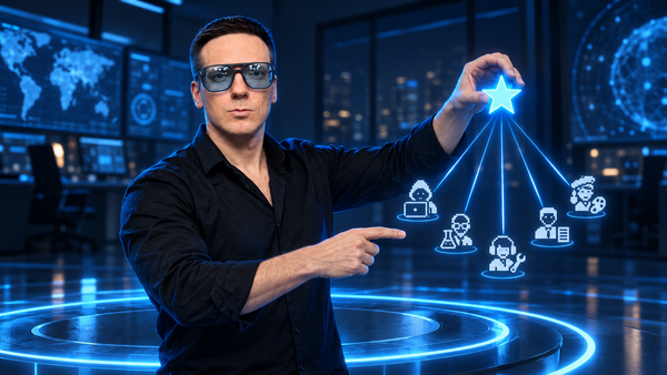 Олег координирует AI-агентов в синем неоновом пространстве
