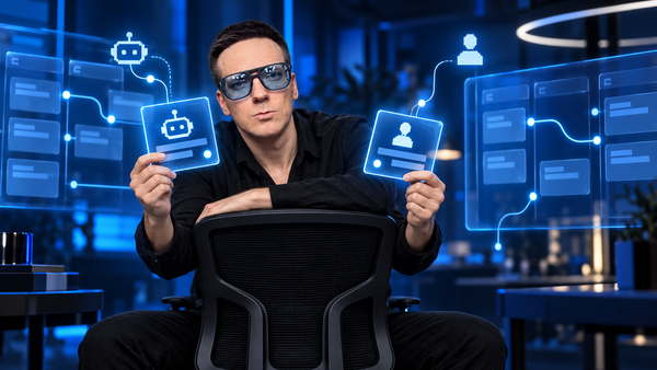 Олег в синем неоновом офисе держит карточки задач AI-агента