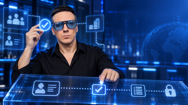 Олег у синей панели контроля AI-агентов для HR и финансов
