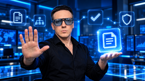 Олег с неоновой синей карточкой счёта и пиксельными символами контроля AI-платежей