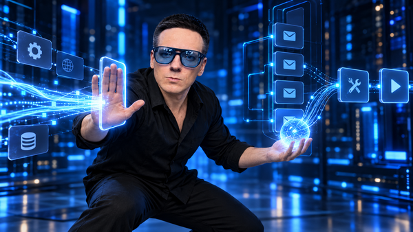 Олег в синем неоновом контуре событий AI-агента